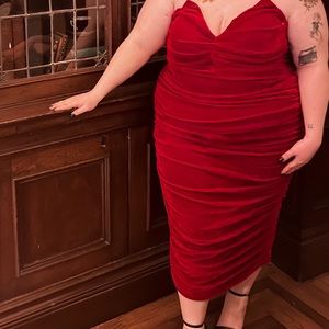 FashionNova Red Ruched Dress With Pointed Cupps